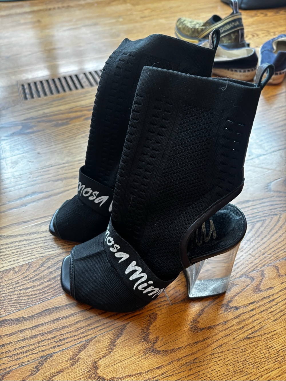 Black Open-Toe Knit Block Heel Booties with Clear Heel
